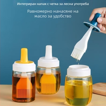 Стъклена бутилка за олио с четка, термоустойчива, за палачинки, печене и барбекю