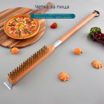 Разглобяема четка за пица от буково дърво, четка с медна тел за скара, дълга дръжка за почистване на грил, четка за почистване на камък за пица