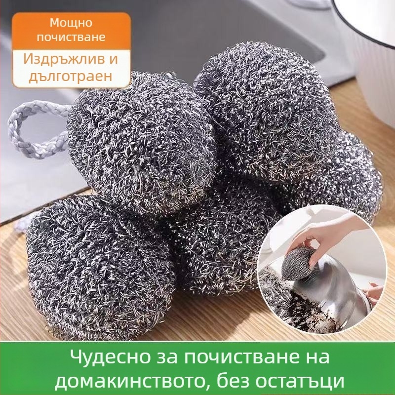 Стоманено телено топче за миене със закачващ шнур, неръждаема стомана, кухненски чистач за съдове