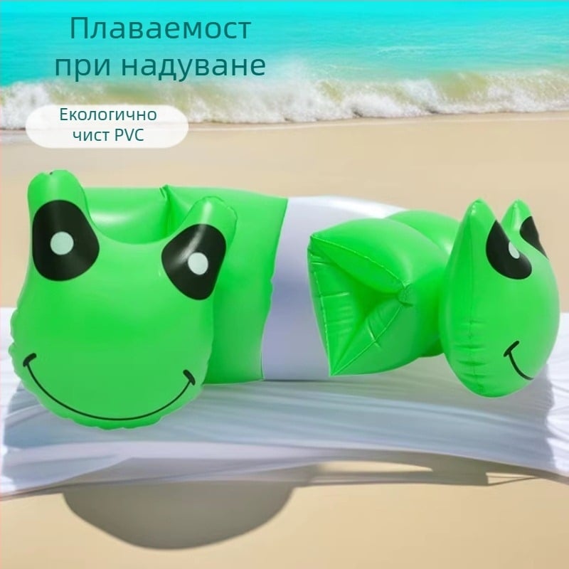 Детски надуваем пръстен за ръка с жаба, зелен PVC, за плуване на открито