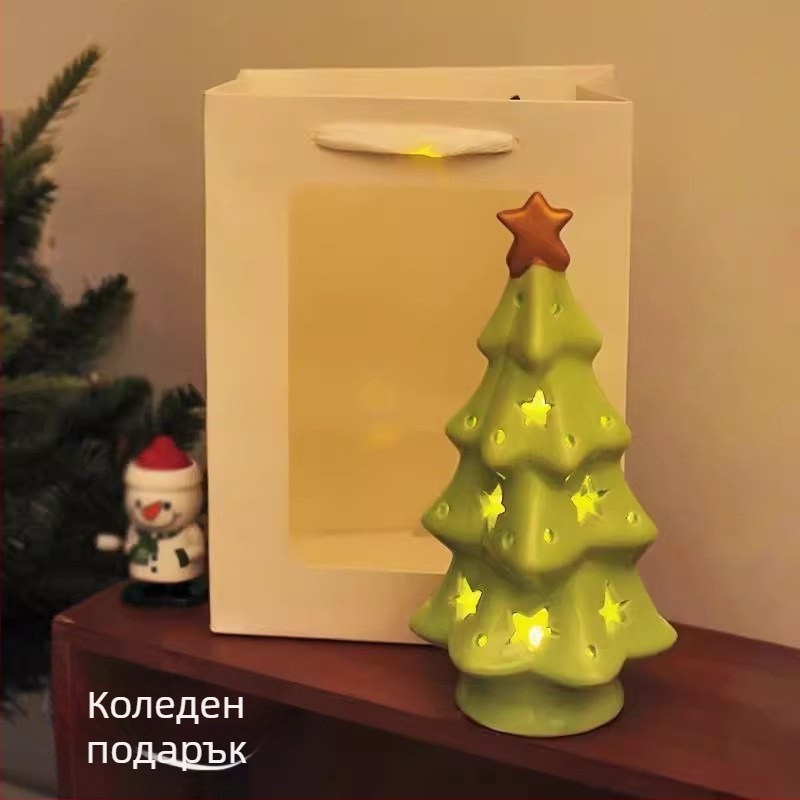 Керамична коледна нощна лампа – прозрачно коледно дърво, симпатични керамични звезди, декоративна украса