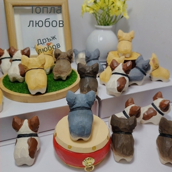 Ръчно изработена дървена фигура на френски булдог за бюро и автомобил