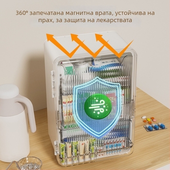 Сгъваема аптечна кутия с множество отделения, прозрачен корпус, голяма вместимост за съхранение на лекарства у дома