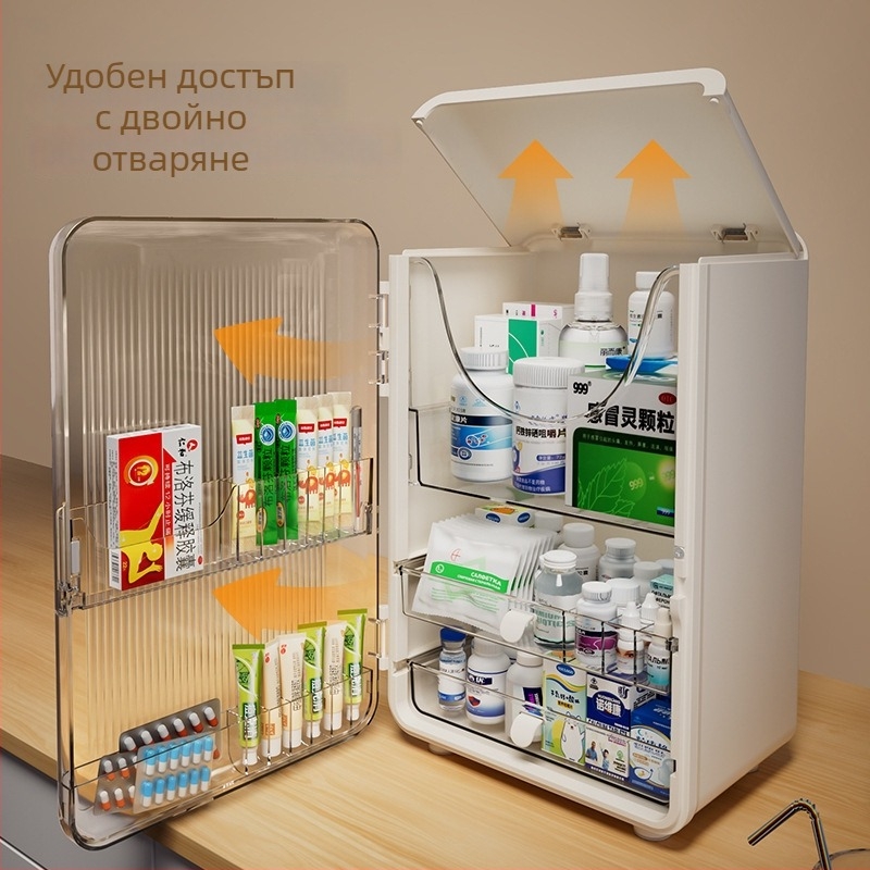 Сгъваема аптечна кутия с множество отделения, прозрачен корпус, голяма вместимост за съхранение на лекарства у дома