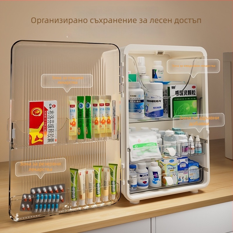 Сгъваема аптечна кутия с множество отделения, прозрачен корпус, голяма вместимост за съхранение на лекарства у дома
