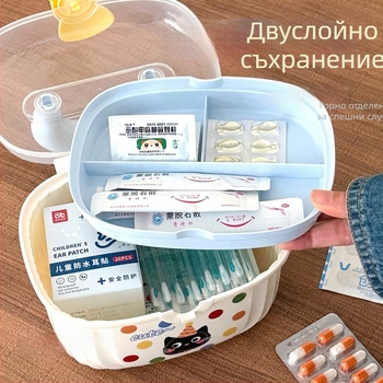 Многофункционална преносима кутия за съхранение с капак, прозрачен двуслоен организатор за аксесоари за коса и бижута, креативна сладка кутия за лекарства