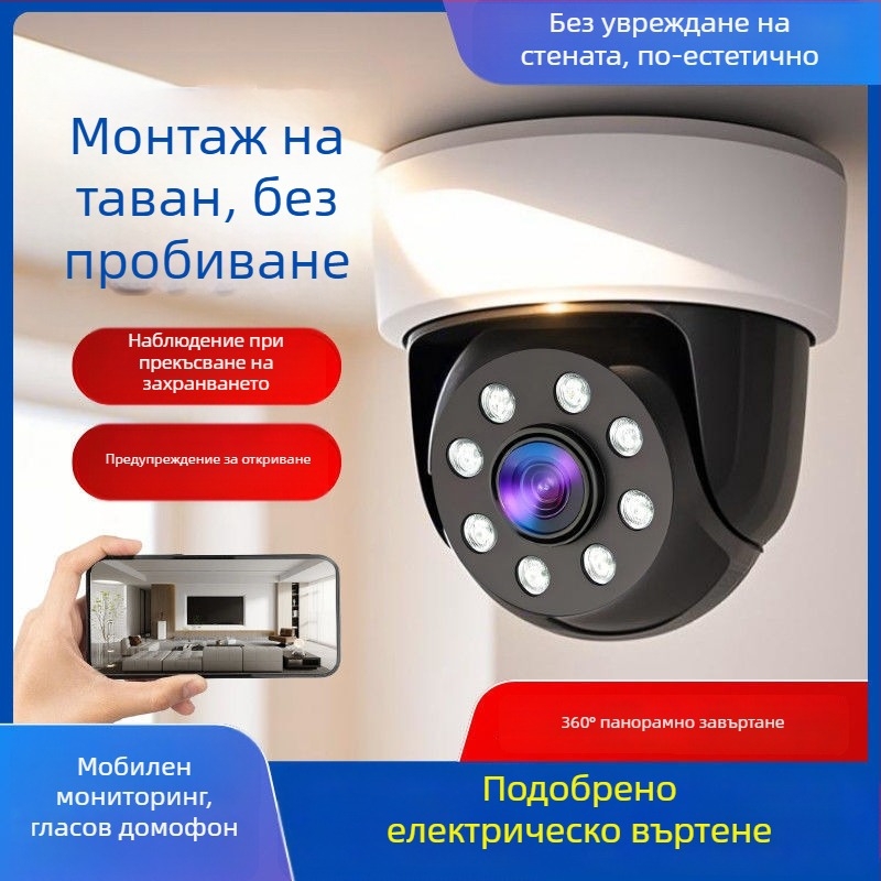 Вътрешна смарт камера за охрана 1080p, 360° въртене, таванен монтаж без пробив, за домове и офиси; двупосочно аудио, мобилно проследяване и разпознаване на човешки фигури