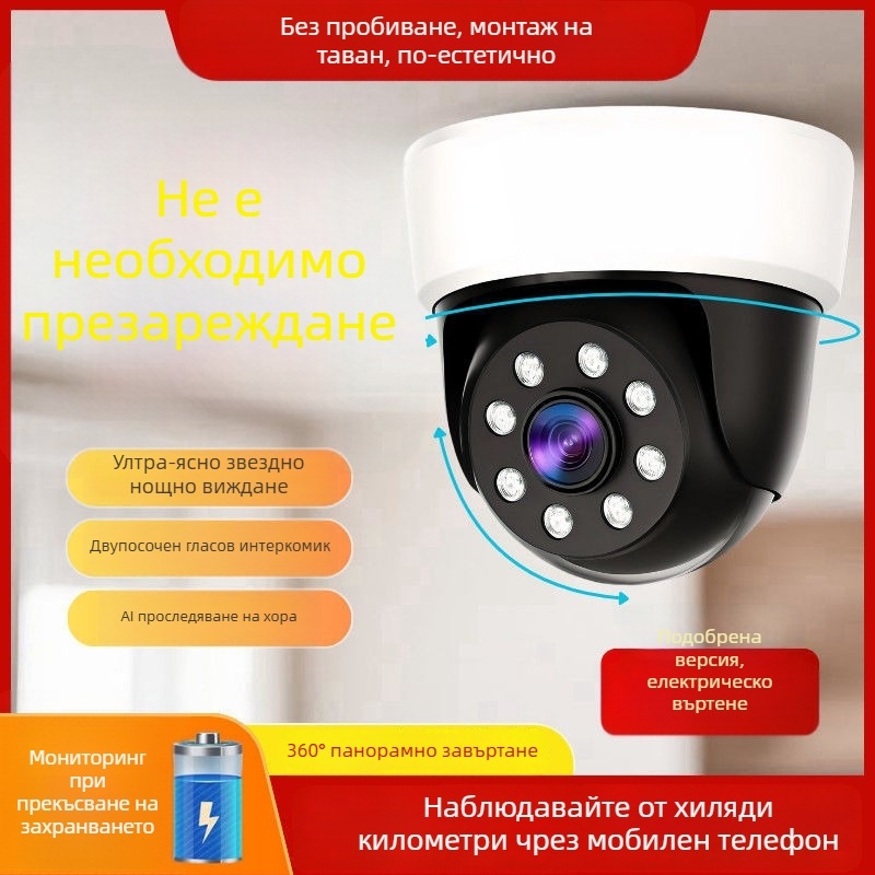 Вътрешна смарт камера за охрана 1080p, 360° въртене, таванен монтаж без пробив, за домове и офиси; двупосочно аудио, мобилно проследяване и разпознаване на човешки фигури