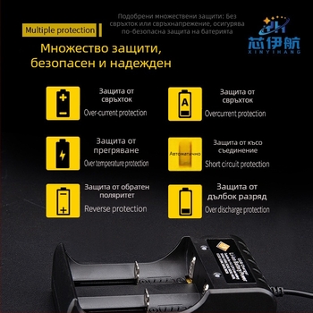 Зарядно устройство за литиеви батерии 18650 с четири слота и USB бързо зареждане, съвместимо с 14500 и 3.7V–4.2V