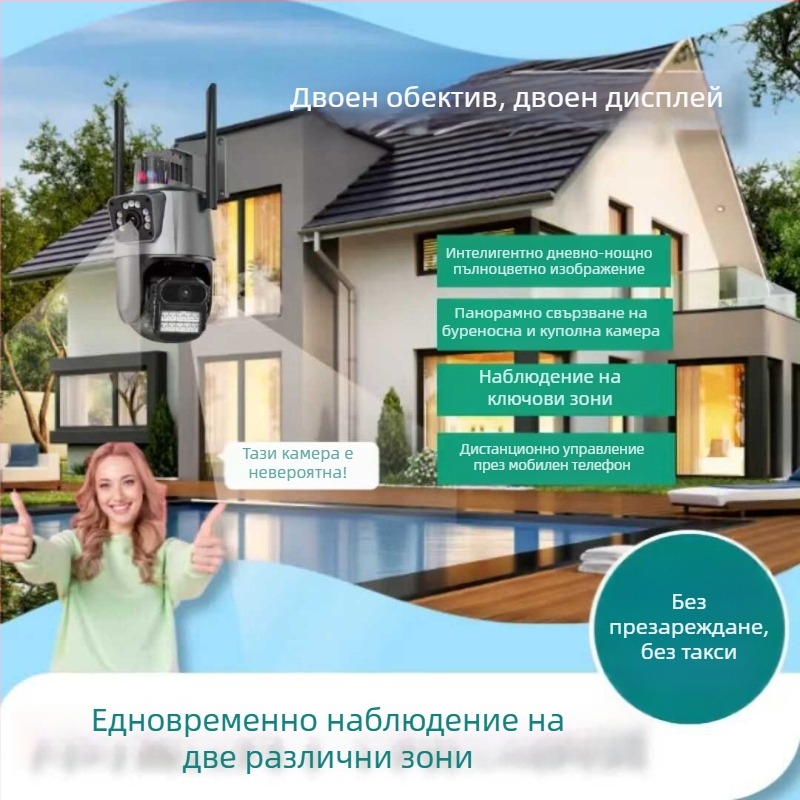 5MP безжична Wi-Fi камера с двойно изображение, HD цветно нощно виждане, гласова и светлинна аларма, наблюдение, мрежов порт