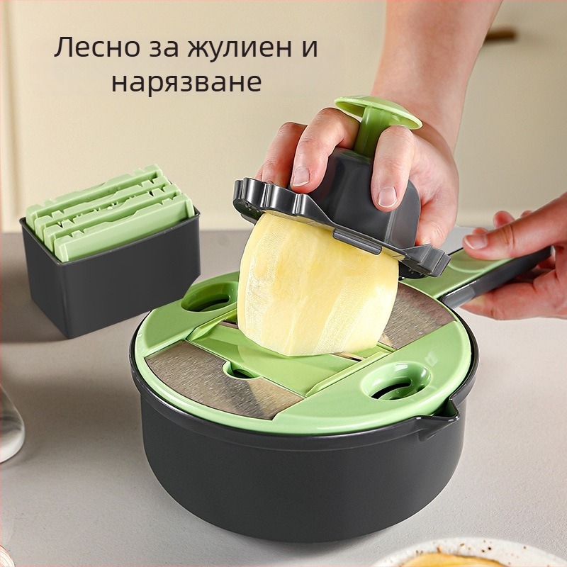 Многофункционална кухненска рендета за зеленчуци с предпазител за ръката и отцеждаща кошница, размери 28 x 7.5 cm