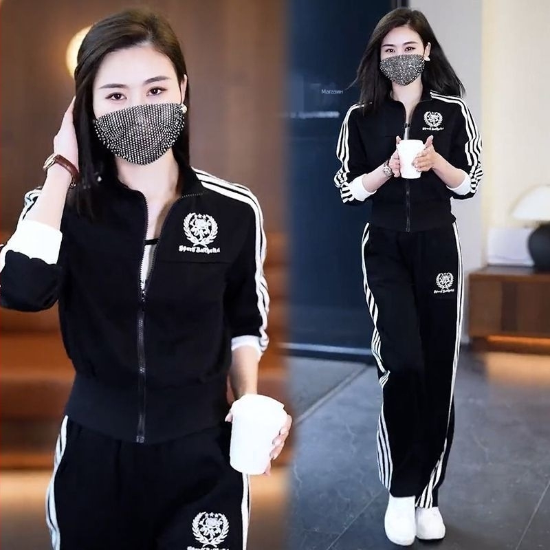 Дамски модерен спортно-ежедневен двукомпонентен комплект: яке със стояща яка и панталони