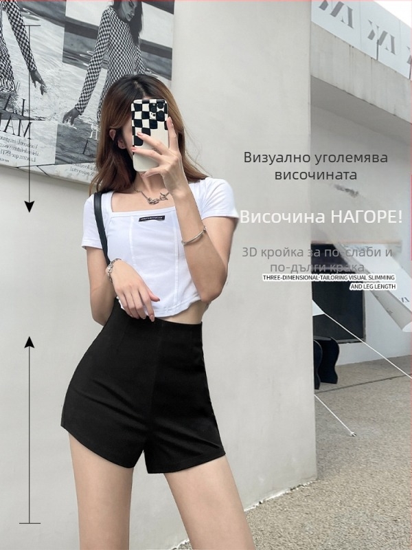 Черни дамски къси панталони за лято 2025, висока талия, корейски стил, стягащ силует