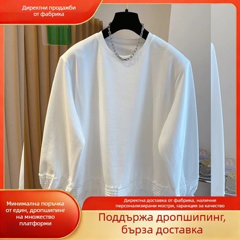 Памучна тениска с дантелен кант, едноцветна, свободна кройка, дълъг ръкав, плюс размер L, кръгло деколте, елегантно ежедневие за есен 2025
