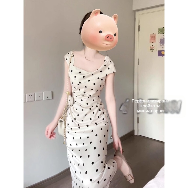 150 Petite френска рокля на точки за жени, пролетно-летен сезон, стройна фигура, рокля с презрамки и оформена талия, А-линия, midi дължина