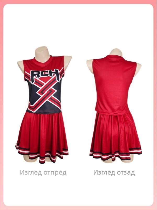 RCH костюм за чийърлидинг с плисирана пола и принтиран топ – cosplay за танцови изпълнения