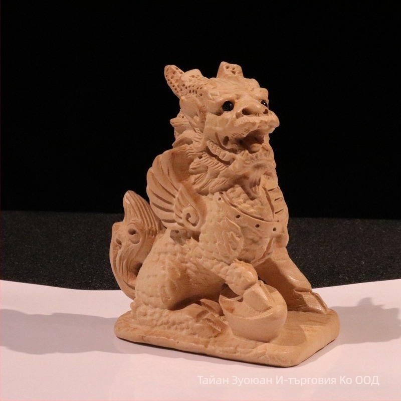 Прасковено дърво, изваяна фигура Pixiu Kirin, дърворезба в стил Нова китайска естетика