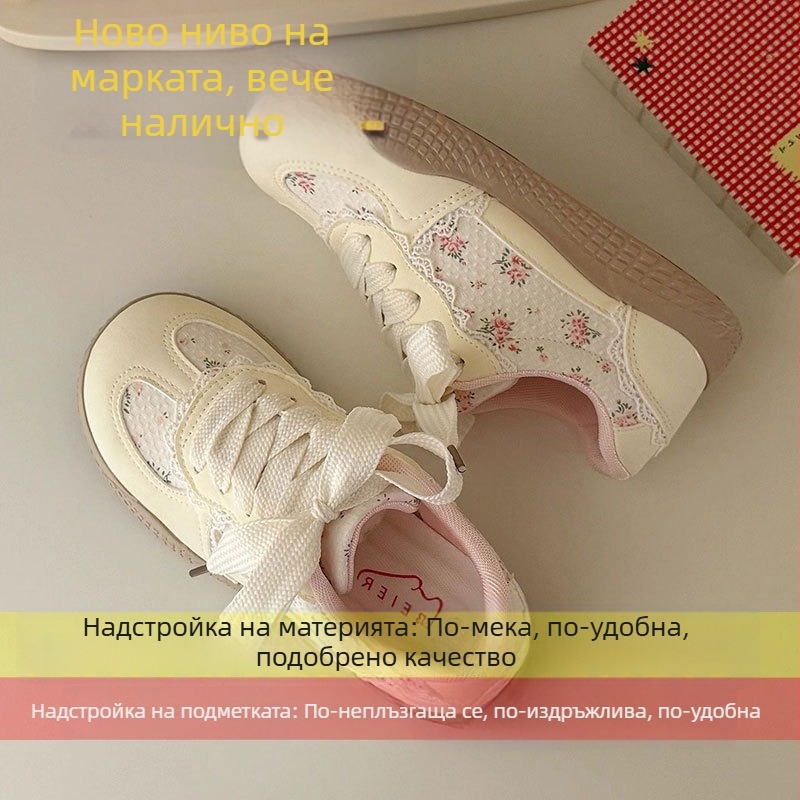 Дамски бели маратонки с дебела подметка, дишащи, с връзки, кръгъл носок, корейски принт, есен 2025