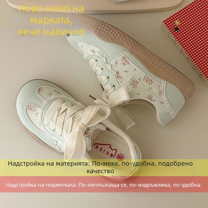Дамски бели маратонки с дебела подметка, дишащи, с връзки, кръгъл носок, корейски принт, есен 2025