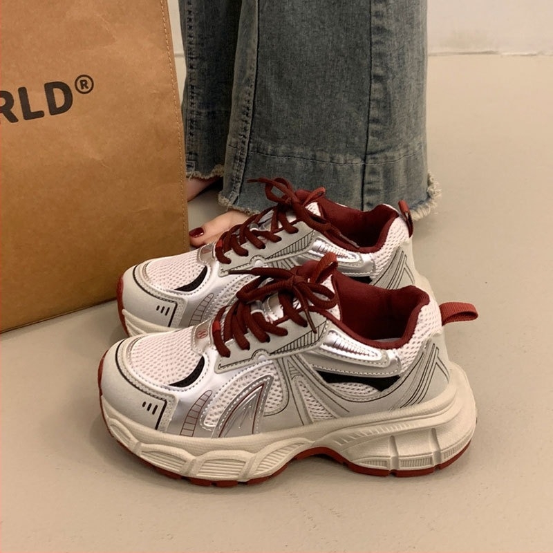 Дамски червени маратонки тип dad shoes, дишащи с дебела подметка за повишаване на височината, пролет 2025