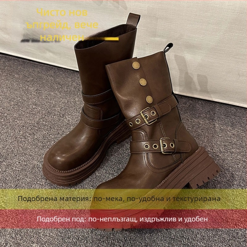 Ретро дамски ботуши Maillard кафяви с дебела подметка, черни къси ботуши, британски стил, есен 2025