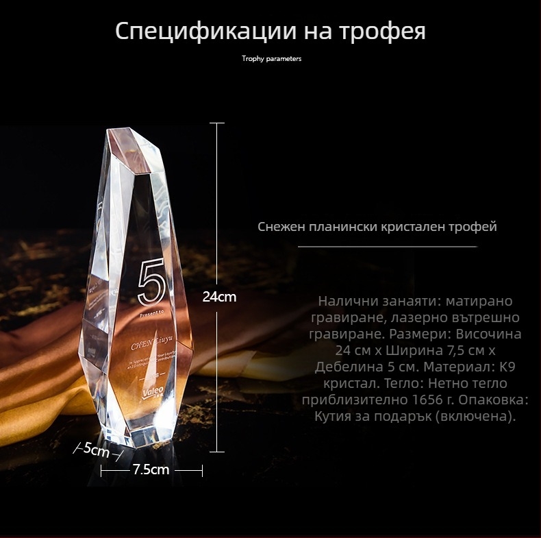Кристален трофей с форма на айсберг, гравирана звезда с пет точки – служебен сувенир и наградна плоча