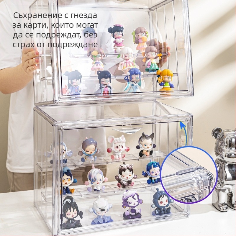 PET кутия за съхранение и показване на blind box с магнитен прозрачен прахозащитен капак — настолен дисплей за фигури
