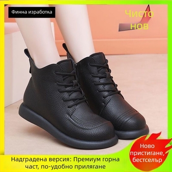 Женски ботуши Мартин с PU горна част, подплатени изкуствен плюш, нисък ток, кръгла пръст, шнурована закопчалка, средна височина на маншета, еднотонни