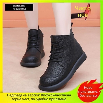 Женски ботуши Мартин с PU горна част, подплатени изкуствен плюш, нисък ток, кръгла пръст, шнурована закопчалка, средна височина на маншета, еднотонни
