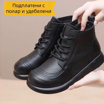 Женски ботуши Мартин с PU горна част, подплатени изкуствен плюш, нисък ток, кръгла пръст, шнурована закопчалка, средна височина на маншета, еднотонни