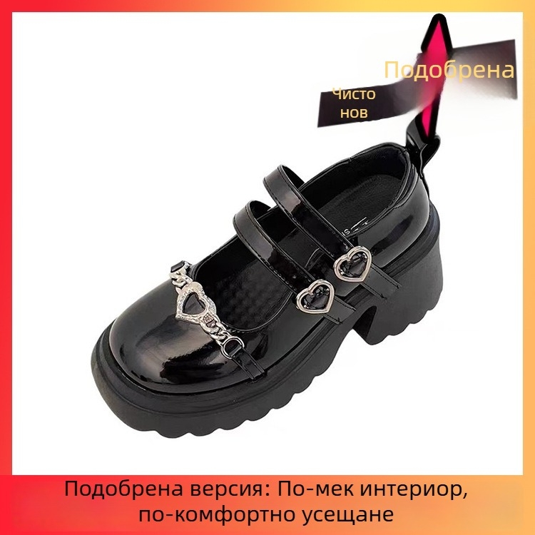 женски черни кожени обувки с камъни във формата на сърце, японски стил, висок горен дизайн, дебел ток 6-8 см, пролет 2025 колекция