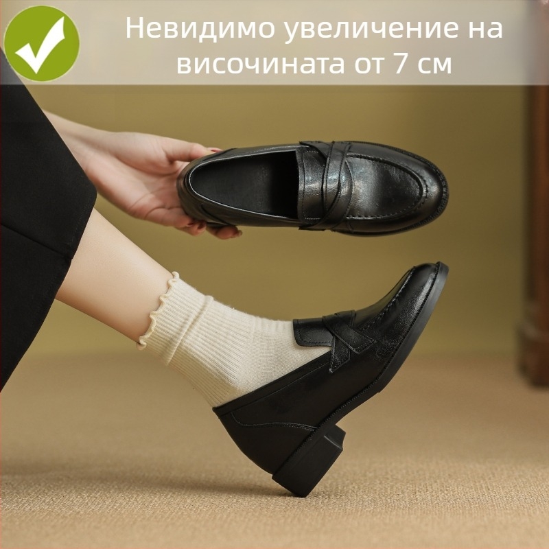 313233 Женски кожени обувки в британски стил, кръгъл нос, дебел ток със скрит подиум за височина, пролет 2026