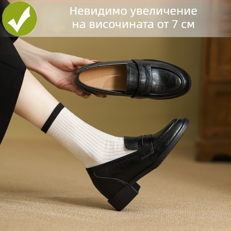 313233 Женски кожени обувки в британски стил, кръгъл нос, дебел ток със скрит подиум за височина, пролет 2026