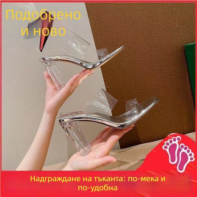 Дамски голям размер прозрачни сандали с кристали на среден ток, лято 2023