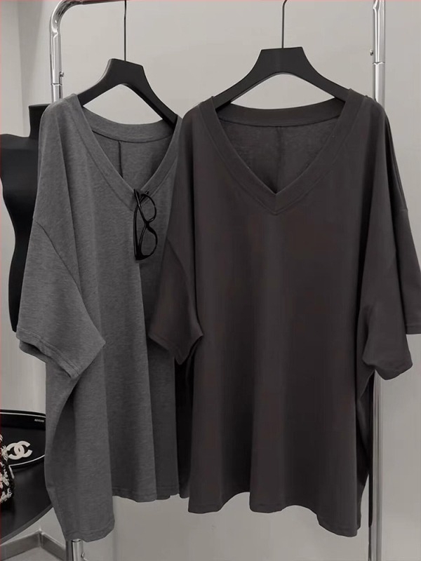 Женска памучна тениска с къси ръкави, свободен силует, V-образно деколте, корейски стил, летен комфорт