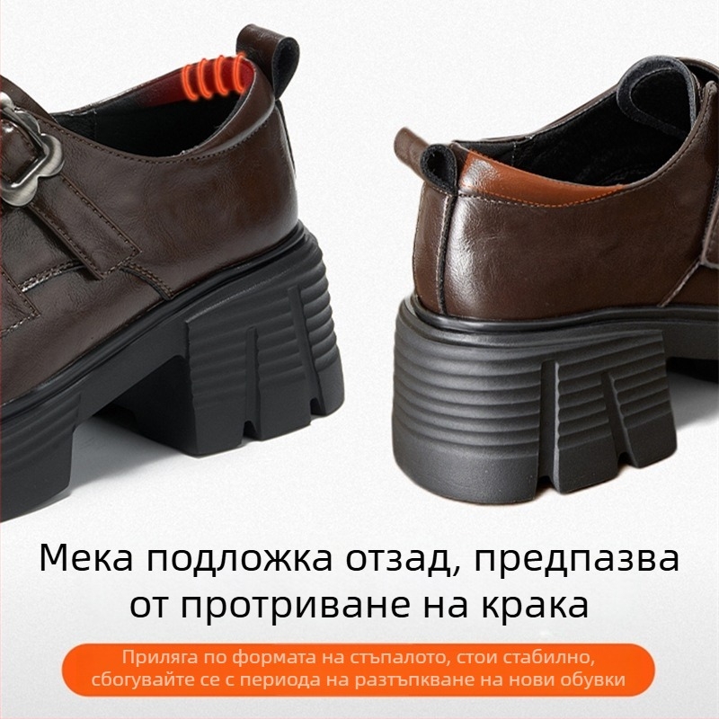 Дамски лофери от пълна говежа кожа, британски ретро стил, дебел ток, закопчаване с велкро, черни, 2026 есенно-зимен модел