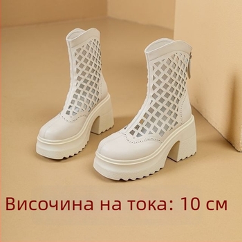 Дамски кожени ботуши до коляното с платформа, перфорирана кожа, висок ток, стил ездачки