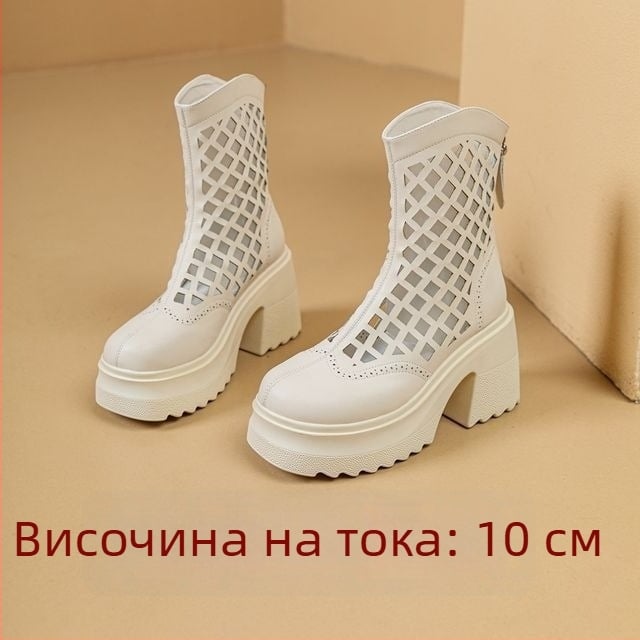 Дамски кожени ботуши до коляното с платформа, перфорирана кожа, висок ток, стил ездачки