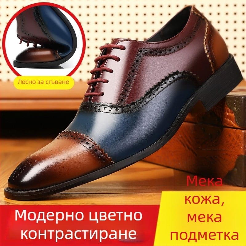 Мъжки кожени обувки за бизнес и делови стил, остър нос, британски стил, големи размери