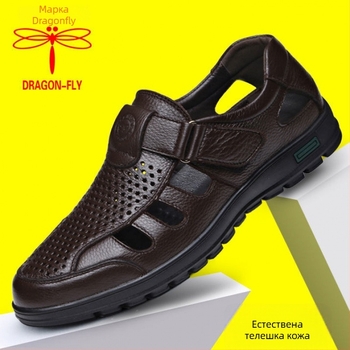 Fe Чиста телешка кожа Dragonfly марка, лятни истински кожени сандали с дишащи перфорирани панели за мъже, голям размер