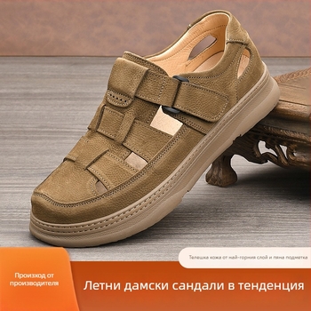 Мъжки сандали от естествена кожа, летни дишащи обувки от първокласна телешка кожа, мек под, прорезен дизайн, леки ежедневни обувки