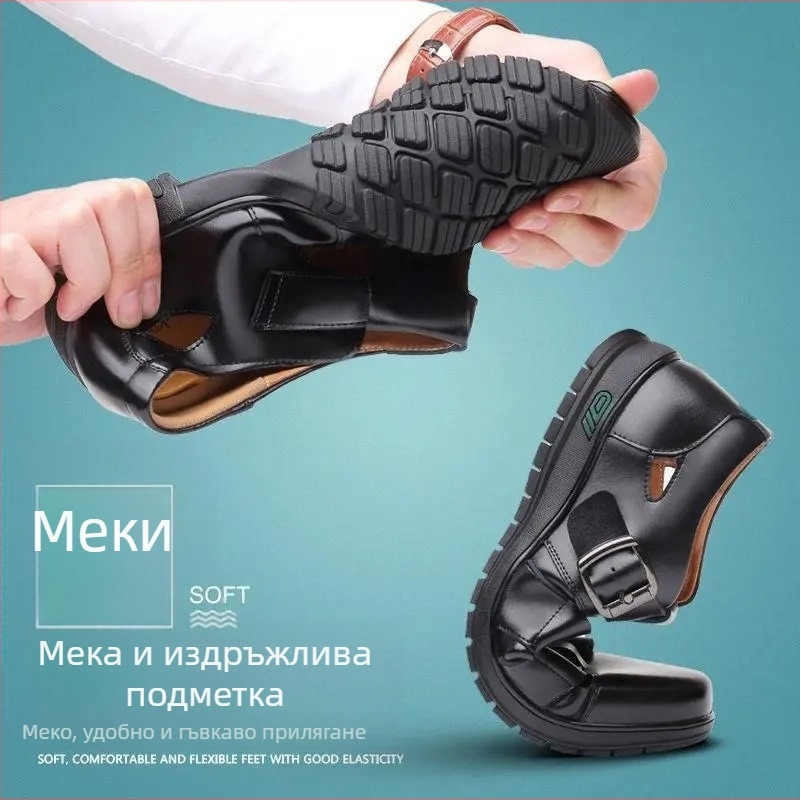Мъжки кожени сандали за лято, черни, дишащи, антихлъзгащи, с велкро закопчаване