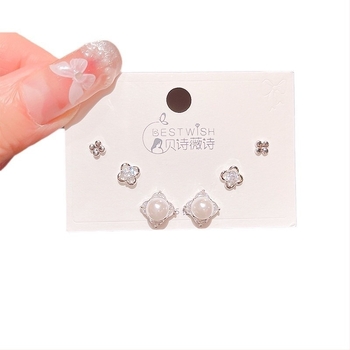 Есенни обици с цирконий и перли във форма на цвете – три двойки, дамски сребърни шипчета, корейски стил, комплект от 6 части