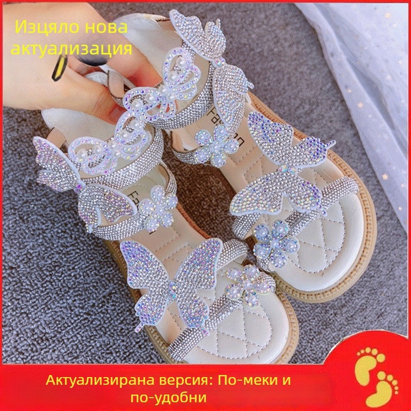 Miaofei Детски сандали за момичета - мека подметка, с кристали, принцес стил, римски стил, лято 2024, за 4–6 години