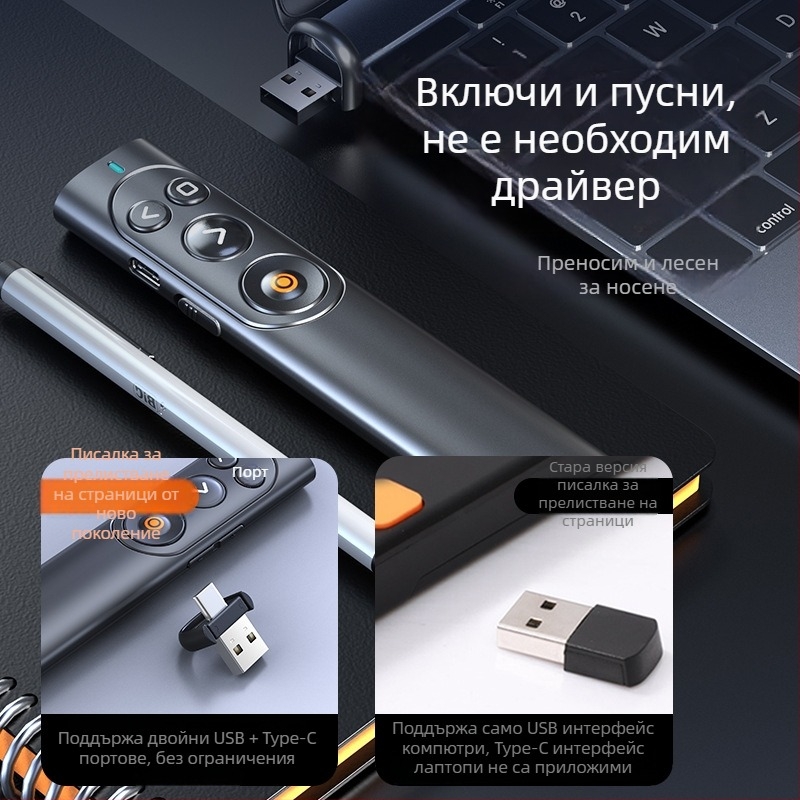 Ново многофункционално PPT зелено лазерно перо за смяна на страници с дистанционно за преподаване и презентации, зареждане чрез Type-C