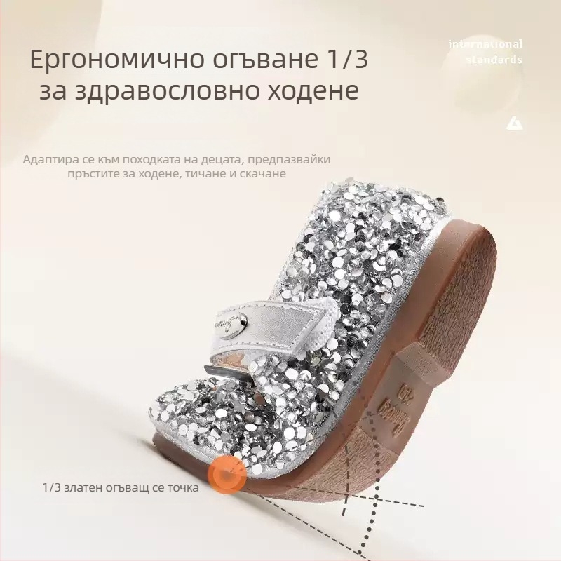 Детски обувки за принцеси в корейски стил за пролет и есен, с панделка и пайети, комфортна мека подметка