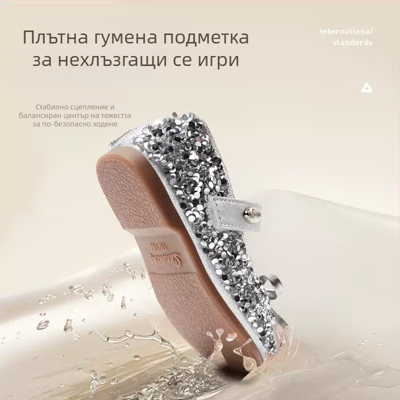 Детски обувки за принцеси в корейски стил за пролет и есен, с панделка и пайети, комфортна мека подметка