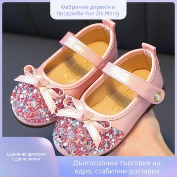Детски кожени обувки за пролет и есен, с мека нехлъзгаща подметка, принцески стил – обувки за момичета с кристали