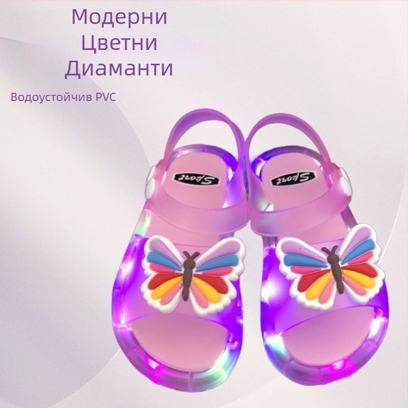 Детски светещи джапанки от желе с кристални цветя, принцески стил