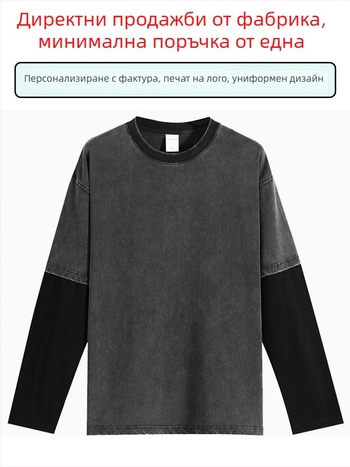 Тежка 300 г мъжка тениска с дълги ръкави в американски ретро стил, винтидж измит ефект, персонализиран дигитален печат